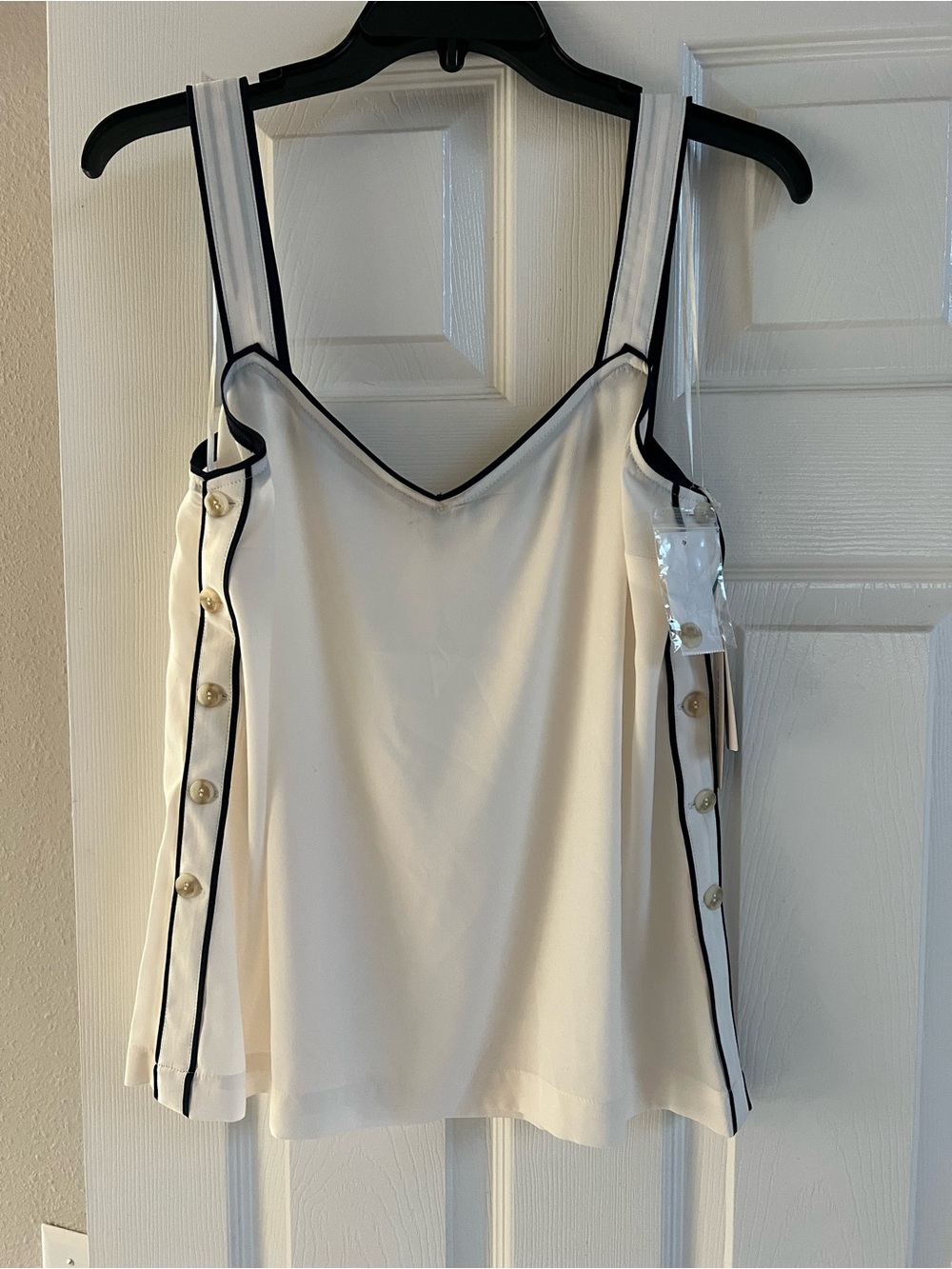 COURT & ROWE White Sleeveless Camisole with Navy Trim and Gold Buttons